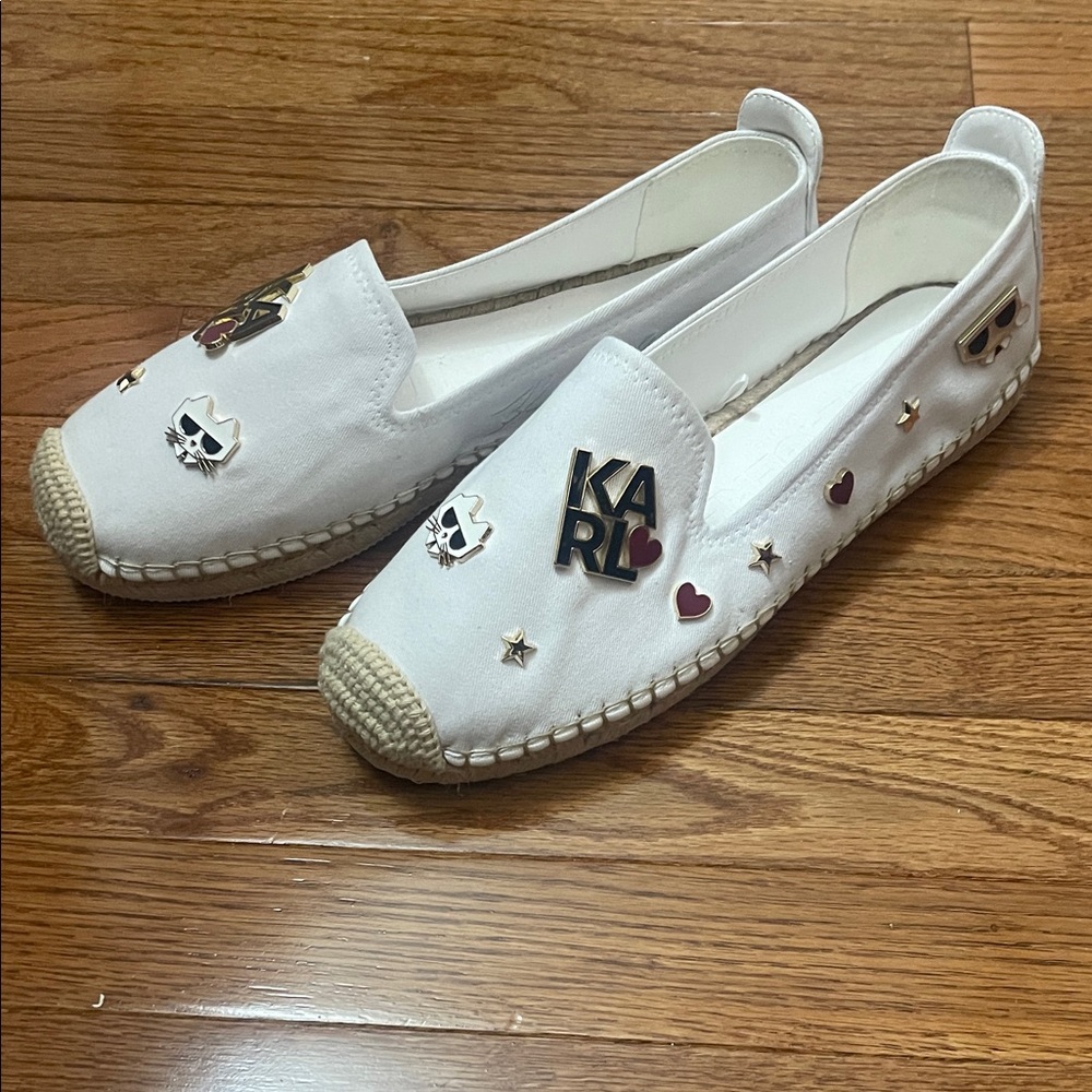 Karl Lagerfeld White Espadrilles with Black and Red Accents